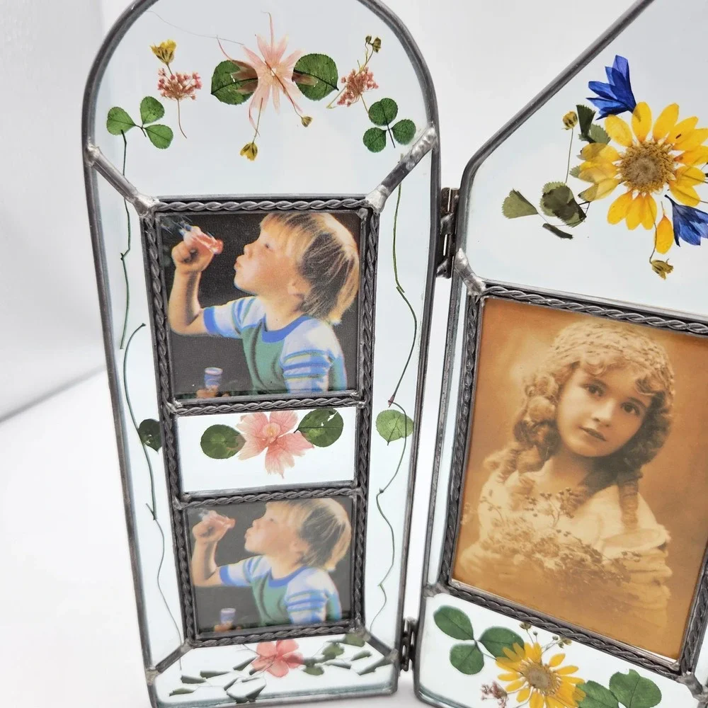VTG Glass Pressed Flowers Picture Frame Tri-Fold Multi Photo 2x2 